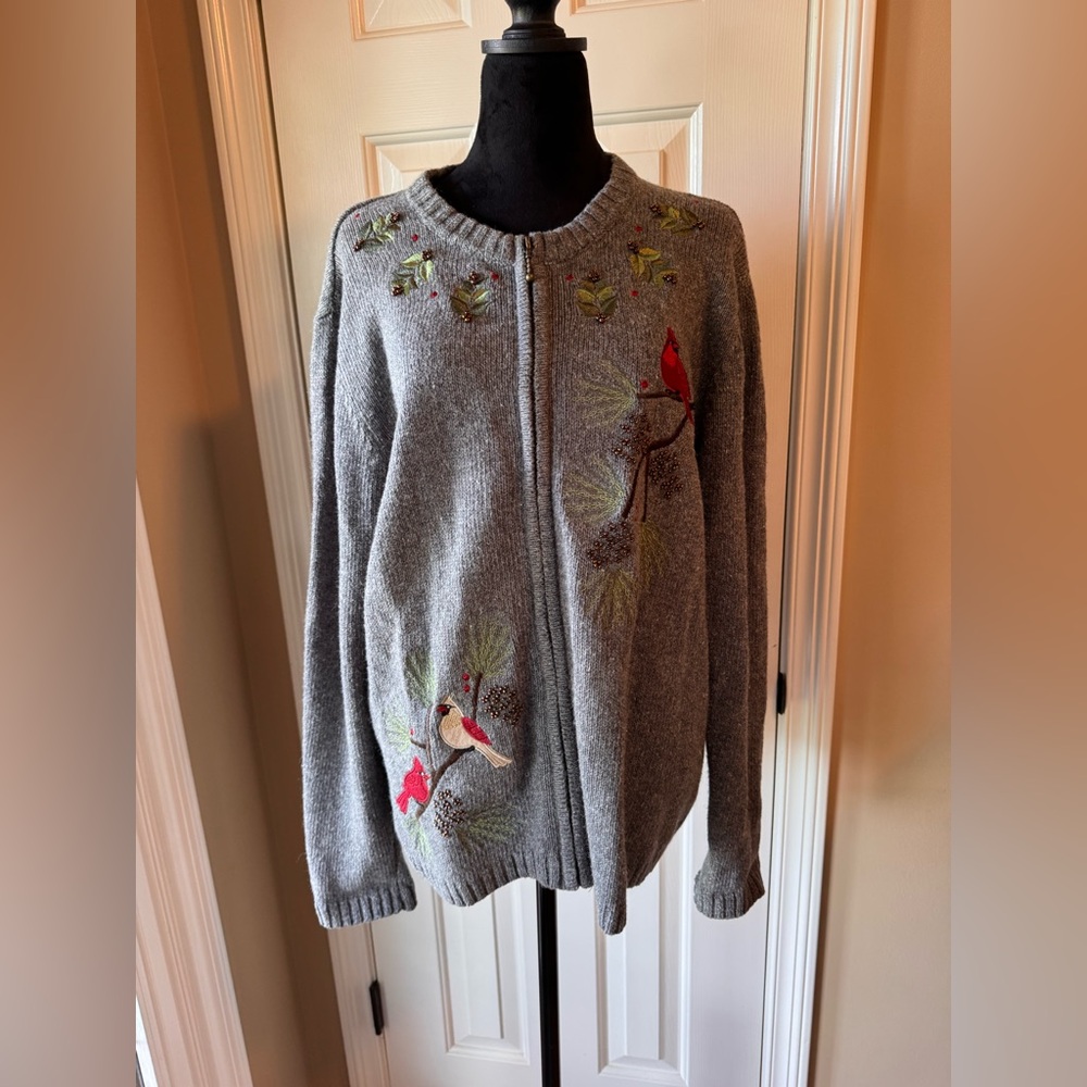 Gray Women's Zip-Front Sweater with Cardinal Embroidery
